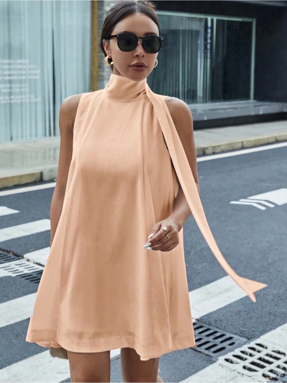 High-Neck Mini Dress with Neck Tie in Peach